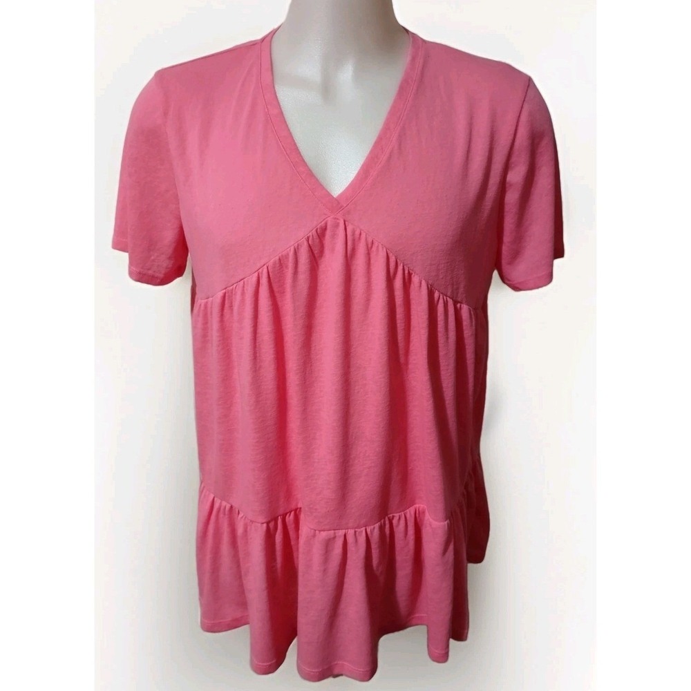 Charlie Paige Blouse Women's Size XL Babydoll Ruffle Pink Short Sleeve V-Neck